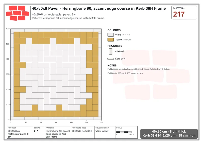 Interlock (Pasco) 40x80 cm · RC48-217 · Herringbone 90, accent edge course in Kerb 38H Frame · Laying plan Interlock (Pasco) 40x80 cm · RC48-217 · Herringbone 90, accent edge course in Kerb 38H Frame · Laying plan