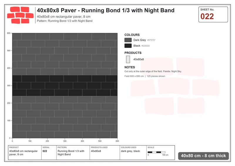 Interlock (Pasco) 40x80 cm · RC48-22 · Running Bond 1/3 with Night Band · Laying plan Interlock (Pasco) 40x80 cm · RC48-22 · Running Bond 1/3 with Night Band · Laying plan