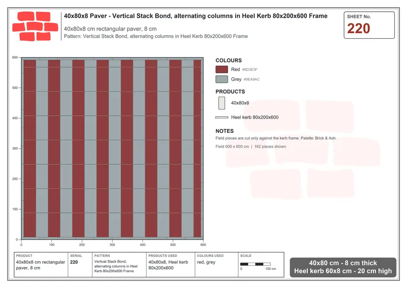 Interlock (Pasco) 40x80 cm · RC48-220 · Vertical Stack Bond, alternating columns in Heel Kerb 80x200x600 Frame · Laying plan Interlock (Pasco) 40x80 cm · RC48-220 · Vertical Stack Bond, alternating columns in Heel Kerb 80x200x600 Frame · Laying plan