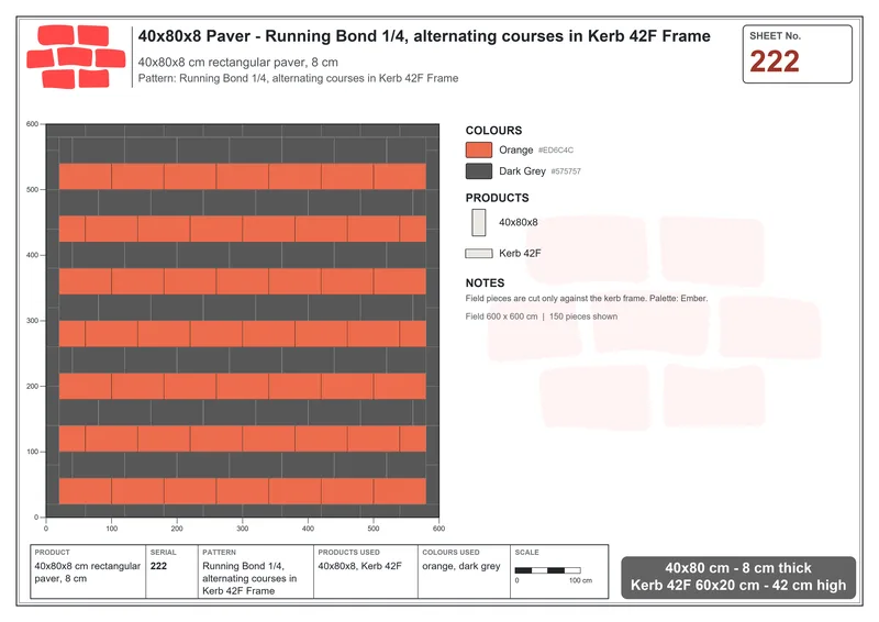 Interlock (Pasco) 40x80 cm · RC48-222 · Running Bond 1/4, alternating courses in Kerb 42F Frame · Laying plan Interlock (Pasco) 40x80 cm · RC48-222 · Running Bond 1/4, alternating courses in Kerb 42F Frame · Laying plan