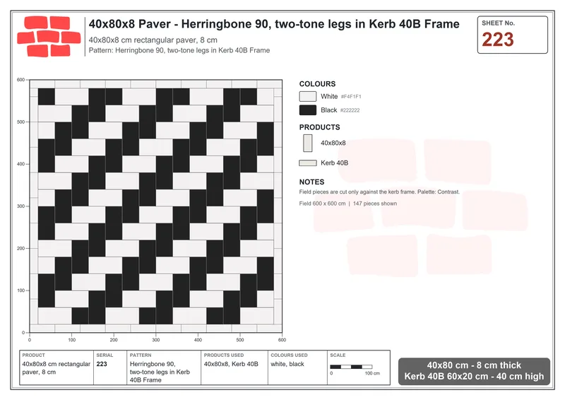 Interlock (Pasco) 40x80 cm · RC48-223 · Herringbone 90, two-tone legs in Kerb 40B Frame · Laying plan Interlock (Pasco) 40x80 cm · RC48-223 · Herringbone 90, two-tone legs in Kerb 40B Frame · Laying plan