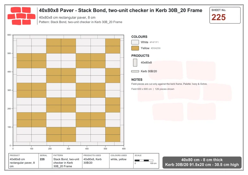 Interlock (Pasco) 40x80 cm · RC48-225 · Stack Bond, two-unit checker in Kerb 30B_20 Frame · Laying plan Interlock (Pasco) 40x80 cm · RC48-225 · Stack Bond, two-unit checker in Kerb 30B_20 Frame · Laying plan