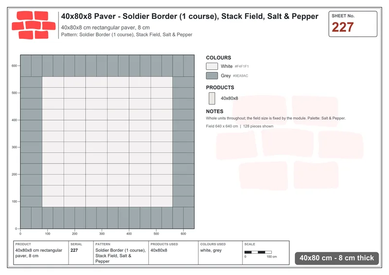 Interlock (Pasco) 40x80 cm · RC48-227 · Soldier Border (1 course), Stack Field, Salt & Pepper · Laying plan Interlock (Pasco) 40x80 cm · RC48-227 · Soldier Border (1 course), Stack Field, Salt & Pepper · Laying plan