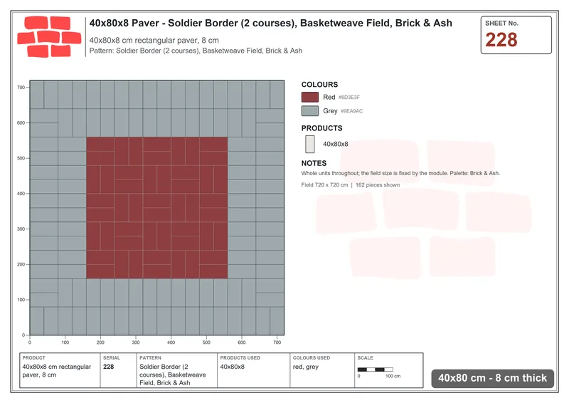 Interlock (Pasco) 40x80 cm · RC48-228 · Soldier Border (2 courses), Basketweave Field, Brick & Ash · Laying plan Interlock (Pasco) 40x80 cm · RC48-228 · Soldier Border (2 courses), Basketweave Field, Brick & Ash · Laying plan