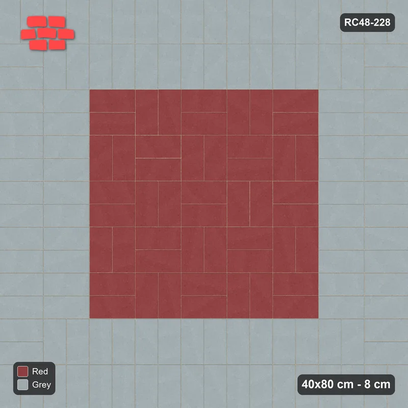 Interlock (Pasco) 40x80 cm · RC48-228 · Soldier Border (2 courses), Basketweave Field, Brick & Ash · Top view Interlock (Pasco) 40x80 cm · RC48-228 · Soldier Border (2 courses), Basketweave Field, Brick & Ash · Top view