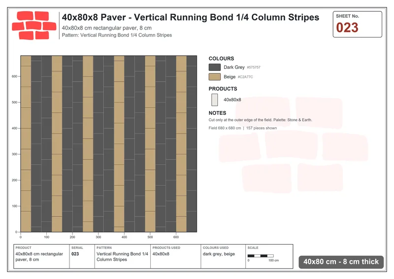 Interlock (Pasco) 40x80 cm · RC48-23 · Vertical Running Bond 1/4 Column Stripes · Laying plan Interlock (Pasco) 40x80 cm · RC48-23 · Vertical Running Bond 1/4 Column Stripes · Laying plan