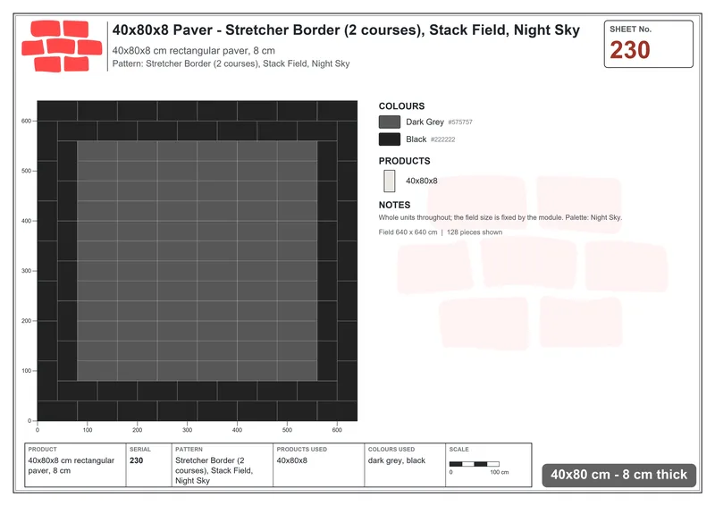 Interlock (Pasco) 40x80 cm · RC48-230 · Stretcher Border (2 courses), Stack Field, Night Sky · Laying plan Interlock (Pasco) 40x80 cm · RC48-230 · Stretcher Border (2 courses), Stack Field, Night Sky · Laying plan