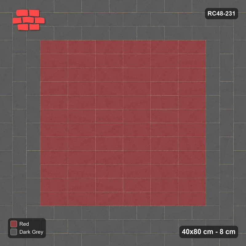 Interlock (Pasco) 40x80 cm · RC48-231 · Stretcher Border (3 courses), Basketweave Field, Rust & Charcoal · Top view Interlock (Pasco) 40x80 cm · RC48-231 · Stretcher Border (3 courses), Basketweave Field, Rust & Charcoal · Top view
