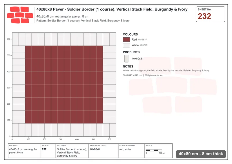 Interlock (Pasco) 40x80 cm · RC48-232 · Soldier Border (1 course), Vertical Stack Field, Burgundy & Ivory · Laying plan Interlock (Pasco) 40x80 cm · RC48-232 · Soldier Border (1 course), Vertical Stack Field, Burgundy & Ivory · Laying plan