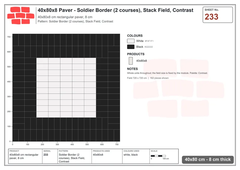 Interlock (Pasco) 40x80 cm · RC48-233 · Soldier Border (2 courses), Stack Field, Contrast · Laying plan Interlock (Pasco) 40x80 cm · RC48-233 · Soldier Border (2 courses), Stack Field, Contrast · Laying plan