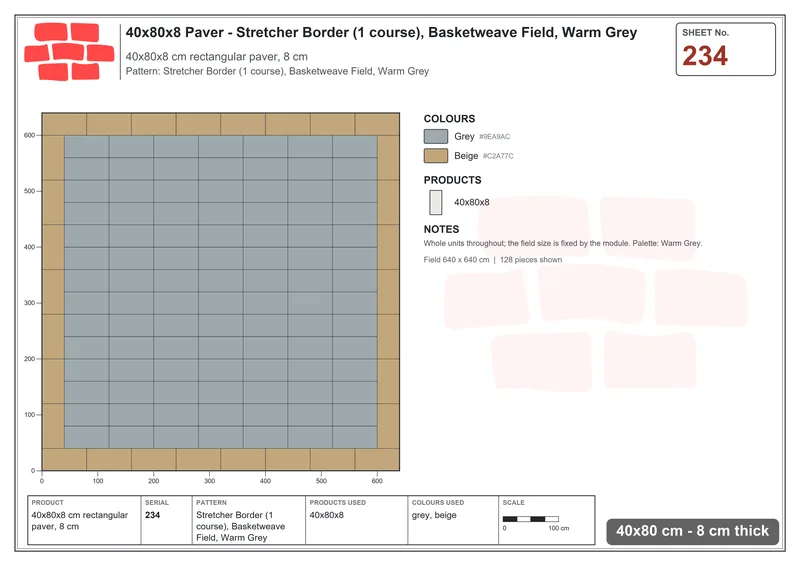 Interlock (Pasco) 40x80 cm · RC48-234 · Stretcher Border (1 course), Basketweave Field, Warm Grey · Laying plan Interlock (Pasco) 40x80 cm · RC48-234 · Stretcher Border (1 course), Basketweave Field, Warm Grey · Laying plan