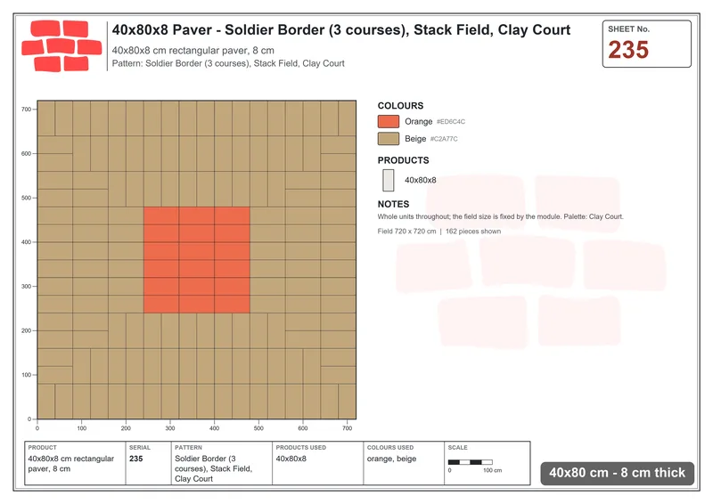 Interlock (Pasco) 40x80 cm · RC48-235 · Soldier Border (3 courses), Stack Field, Clay Court · Laying plan Interlock (Pasco) 40x80 cm · RC48-235 · Soldier Border (3 courses), Stack Field, Clay Court · Laying plan