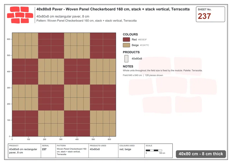 Interlock (Pasco) 40x80 cm · RC48-237 · Woven Panel Checkerboard 160 cm, stack + stack vertical, Terracotta · Laying plan Interlock (Pasco) 40x80 cm · RC48-237 · Woven Panel Checkerboard 160 cm, stack + stack vertical, Terracotta · Laying plan