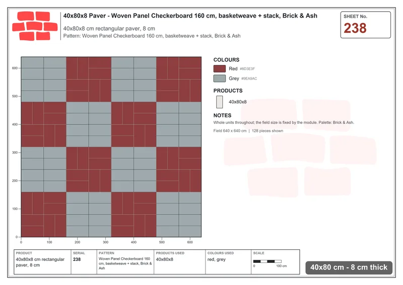 Interlock (Pasco) 40x80 cm · RC48-238 · Woven Panel Checkerboard 160 cm, basketweave + stack, Brick & Ash · Laying plan Interlock (Pasco) 40x80 cm · RC48-238 · Woven Panel Checkerboard 160 cm, basketweave + stack, Brick & Ash · Laying plan