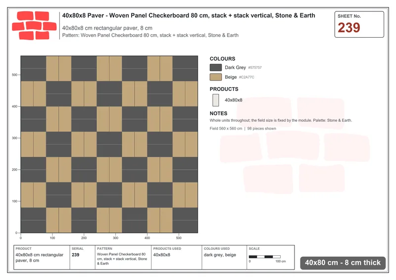 Interlock (Pasco) 40x80 cm · RC48-239 · Woven Panel Checkerboard 80 cm, stack + stack vertical, Stone & Earth · Laying plan Interlock (Pasco) 40x80 cm · RC48-239 · Woven Panel Checkerboard 80 cm, stack + stack vertical, Stone & Earth · Laying plan