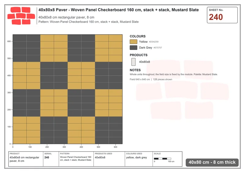 Interlock (Pasco) 40x80 cm · RC48-240 · Woven Panel Checkerboard 160 cm, stack + stack, Mustard Slate · Laying plan Interlock (Pasco) 40x80 cm · RC48-240 · Woven Panel Checkerboard 160 cm, stack + stack, Mustard Slate · Laying plan