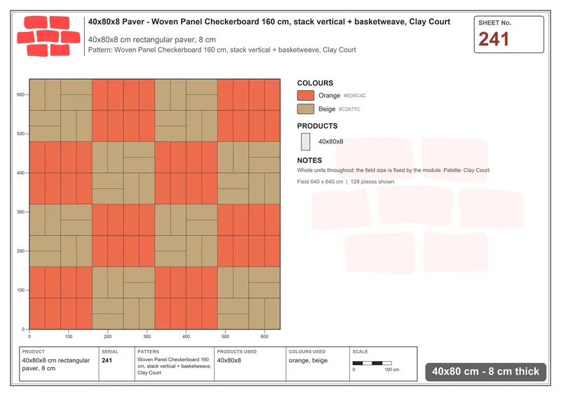 Interlock (Pasco) 40x80 cm · RC48-241 · Woven Panel Checkerboard 160 cm, stack vertical + basketweave, Clay Court · Laying plan Interlock (Pasco) 40x80 cm · RC48-241 · Woven Panel Checkerboard 160 cm, stack vertical + basketweave, Clay Court · Laying plan