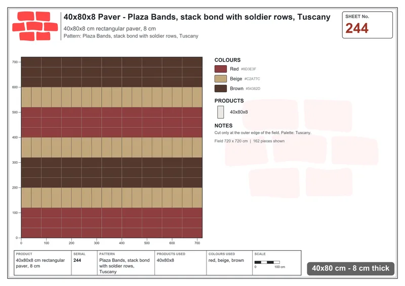 Interlock (Pasco) 40x80 cm · RC48-244 · Plaza Bands, stack bond with soldier rows, Tuscany · Laying plan Interlock (Pasco) 40x80 cm · RC48-244 · Plaza Bands, stack bond with soldier rows, Tuscany · Laying plan