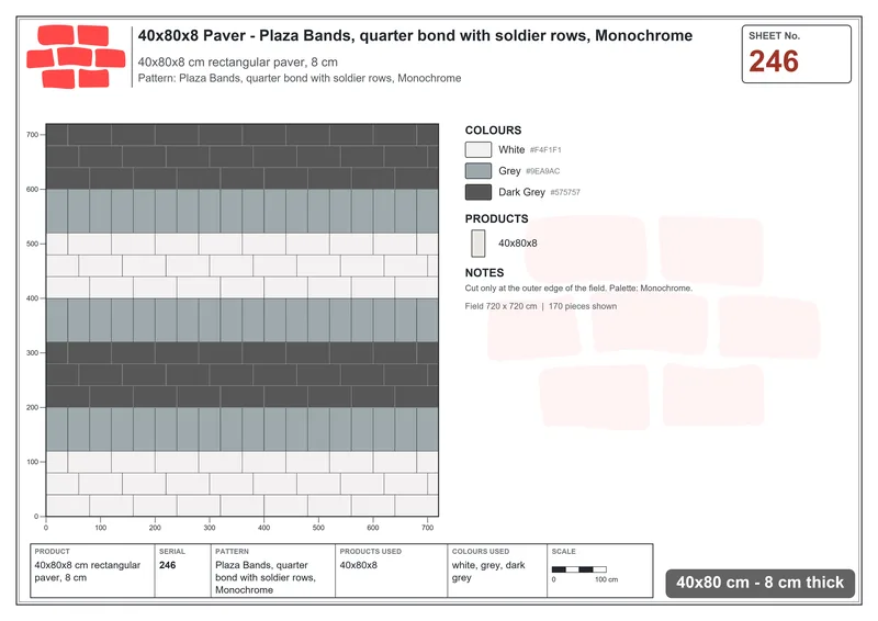 Interlock (Pasco) 40x80 cm · RC48-246 · Plaza Bands, quarter bond with soldier rows, Monochrome · Laying plan Interlock (Pasco) 40x80 cm · RC48-246 · Plaza Bands, quarter bond with soldier rows, Monochrome · Laying plan