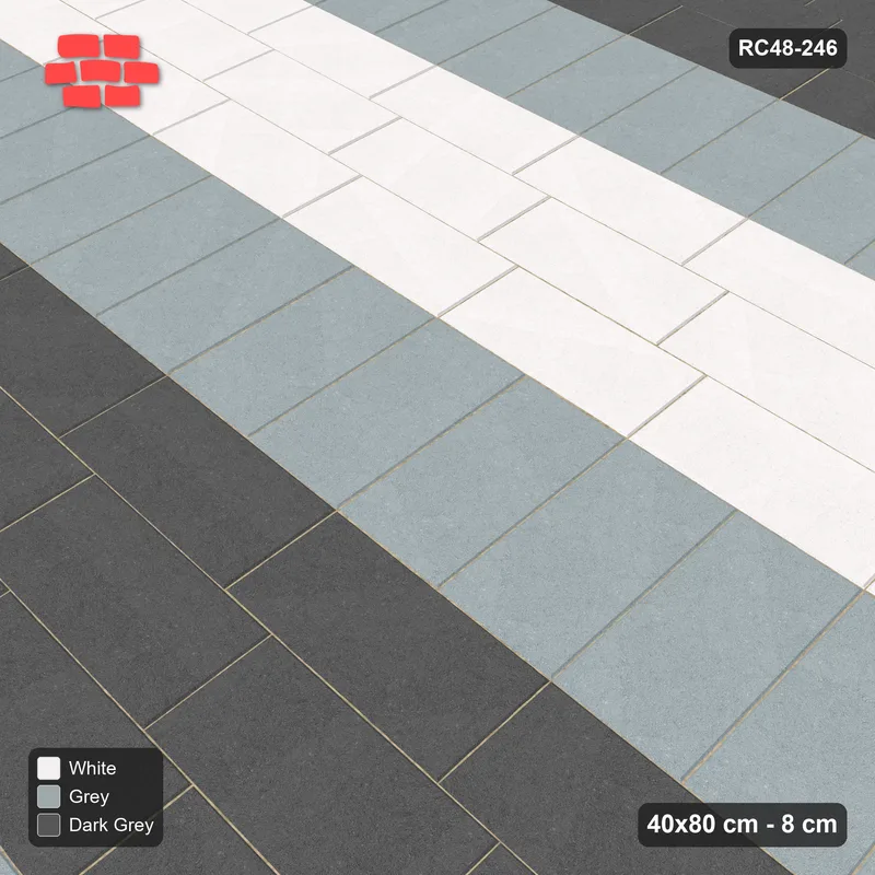Interlock (Pasco) 40x80 cm · RC48-246 · Plaza Bands, quarter bond with soldier rows, Monochrome · Side view Interlock (Pasco) 40x80 cm · RC48-246 · Plaza Bands, quarter bond with soldier rows, Monochrome · Side view