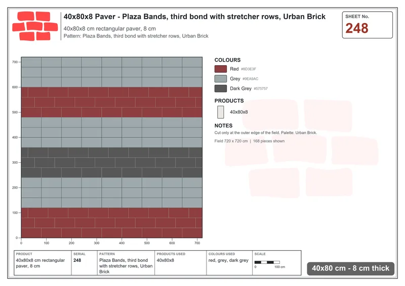 Interlock (Pasco) 40x80 cm · RC48-248 · Plaza Bands, third bond with stretcher rows, Urban Brick · Laying plan Interlock (Pasco) 40x80 cm · RC48-248 · Plaza Bands, third bond with stretcher rows, Urban Brick · Laying plan