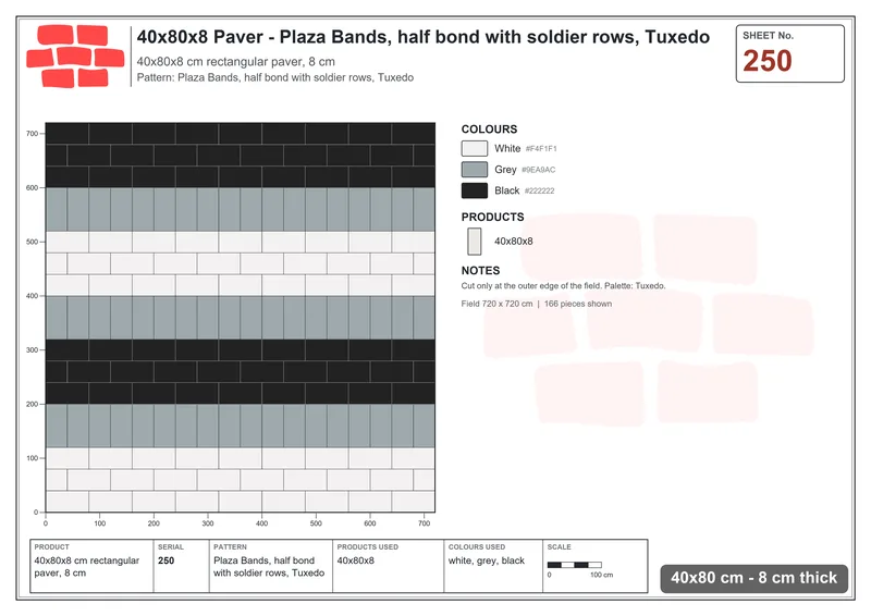 Interlock (Pasco) 40x80 cm · RC48-250 · Plaza Bands, half bond with soldier rows, Tuxedo · Laying plan Interlock (Pasco) 40x80 cm · RC48-250 · Plaza Bands, half bond with soldier rows, Tuxedo · Laying plan