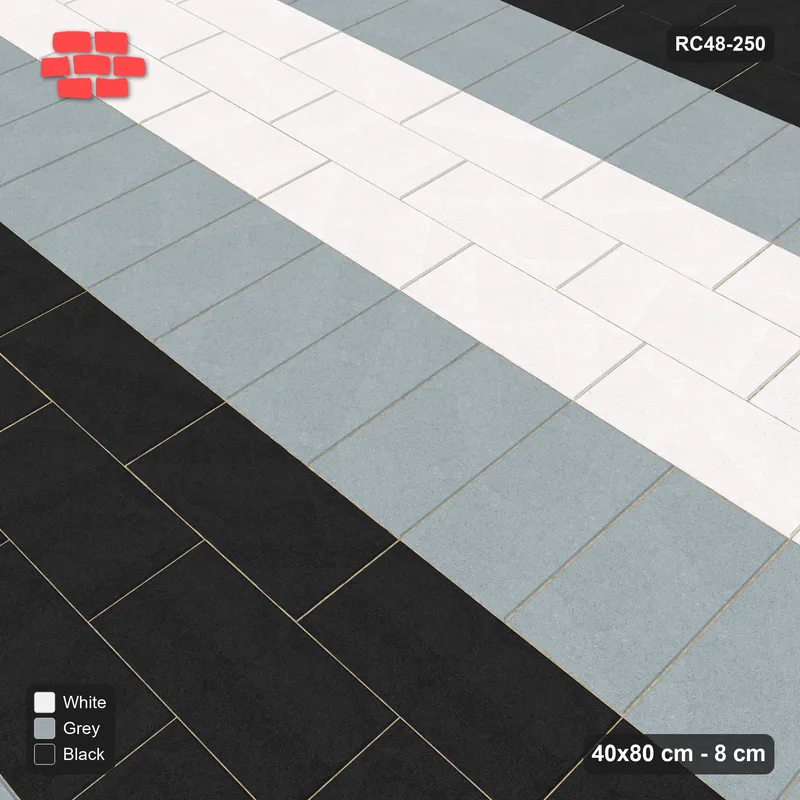 Interlock (Pasco) 40x80 cm · RC48-250 · Plaza Bands, half bond with soldier rows, Tuxedo · Side view Interlock (Pasco) 40x80 cm · RC48-250 · Plaza Bands, half bond with soldier rows, Tuxedo · Side view