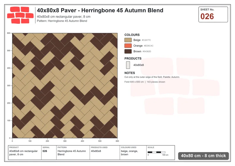 Interlock (Pasco) 40x80 cm · RC48-26 · Herringbone 45 Autumn Blend · Laying plan Interlock (Pasco) 40x80 cm · RC48-26 · Herringbone 45 Autumn Blend · Laying plan