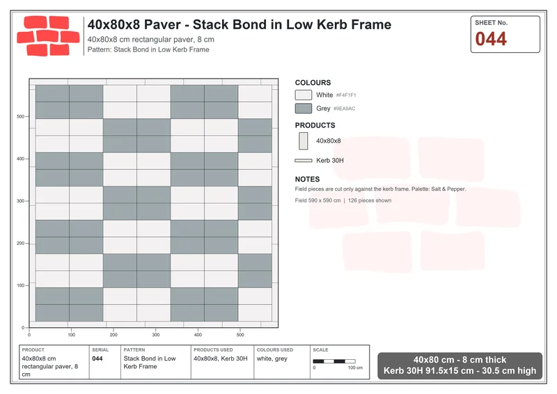 Interlock (Pasco) 40x80 cm · RC48-44 · Stack Bond in Low Kerb Frame · Laying plan Interlock (Pasco) 40x80 cm · RC48-44 · Stack Bond in Low Kerb Frame · Laying plan