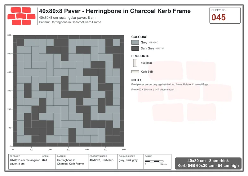 Interlock (Pasco) 40x80 cm · RC48-45 · Herringbone in Charcoal Kerb Frame · Laying plan Interlock (Pasco) 40x80 cm · RC48-45 · Herringbone in Charcoal Kerb Frame · Laying plan