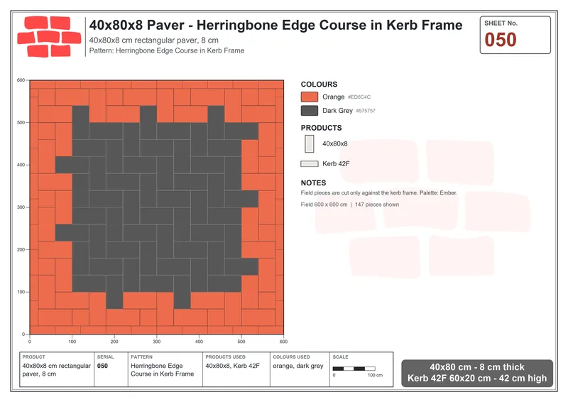 Interlock (Pasco) 40x80 cm · RC48-50 · Herringbone Edge Course in Kerb Frame · Laying plan Interlock (Pasco) 40x80 cm · RC48-50 · Herringbone Edge Course in Kerb Frame · Laying plan