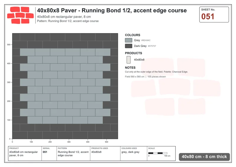 Interlock (Pasco) 40x80 cm · RC48-51 · Running Bond 1/2, accent edge course · Laying plan Interlock (Pasco) 40x80 cm · RC48-51 · Running Bond 1/2, accent edge course · Laying plan