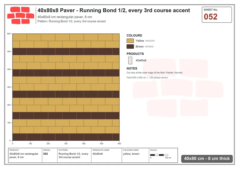 Interlock (Pasco) 40x80 cm · RC48-52 · Running Bond 1/2, every 3rd course accent · Laying plan Interlock (Pasco) 40x80 cm · RC48-52 · Running Bond 1/2, every 3rd course accent · Laying plan