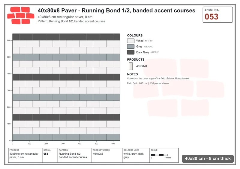 Interlock (Pasco) 40x80 cm · RC48-53 · Running Bond 1/2, banded accent courses · Laying plan Interlock (Pasco) 40x80 cm · RC48-53 · Running Bond 1/2, banded accent courses · Laying plan