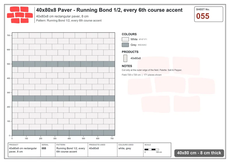 Interlock (Pasco) 40x80 cm · RC48-55 · Running Bond 1/2, every 6th course accent · Laying plan Interlock (Pasco) 40x80 cm · RC48-55 · Running Bond 1/2, every 6th course accent · Laying plan