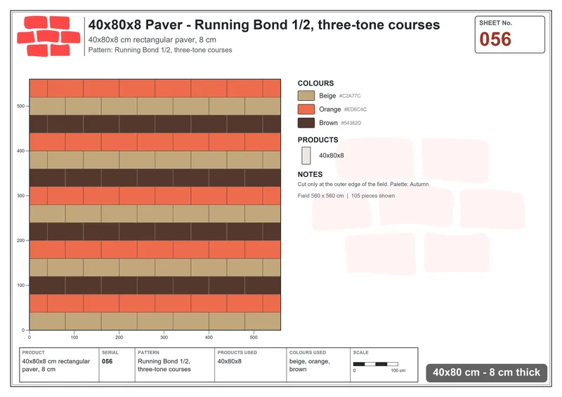 Interlock (Pasco) 40x80 cm · RC48-56 · Running Bond 1/2, three-tone courses · Laying plan Interlock (Pasco) 40x80 cm · RC48-56 · Running Bond 1/2, three-tone courses · Laying plan