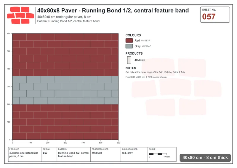 Interlock (Pasco) 40x80 cm · RC48-57 · Running Bond 1/2, central feature band · Laying plan Interlock (Pasco) 40x80 cm · RC48-57 · Running Bond 1/2, central feature band · Laying plan