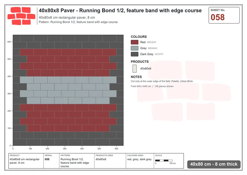 Interlock (Pasco) 40x80 cm · RC48-58 · Running Bond 1/2, feature band with edge course · Laying plan Interlock (Pasco) 40x80 cm · RC48-58 · Running Bond 1/2, feature band with edge course · Laying plan