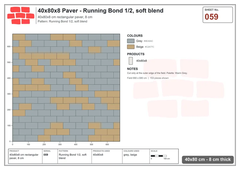 Interlock (Pasco) 40x80 cm · RC48-59 · Running Bond 1/2, soft blend · Laying plan Interlock (Pasco) 40x80 cm · RC48-59 · Running Bond 1/2, soft blend · Laying plan