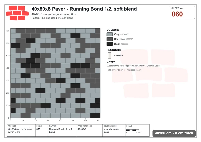 Interlock (Pasco) 40x80 cm · RC48-60 · Running Bond 1/2, soft blend · Laying plan Interlock (Pasco) 40x80 cm · RC48-60 · Running Bond 1/2, soft blend · Laying plan