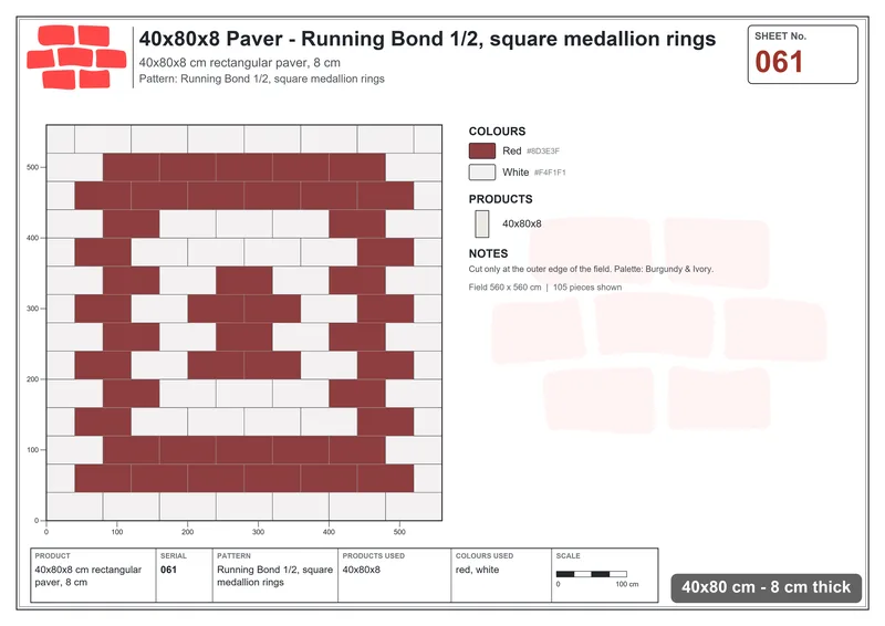 Interlock (Pasco) 40x80 cm · RC48-61 · Running Bond 1/2, square medallion rings · Laying plan Interlock (Pasco) 40x80 cm · RC48-61 · Running Bond 1/2, square medallion rings · Laying plan