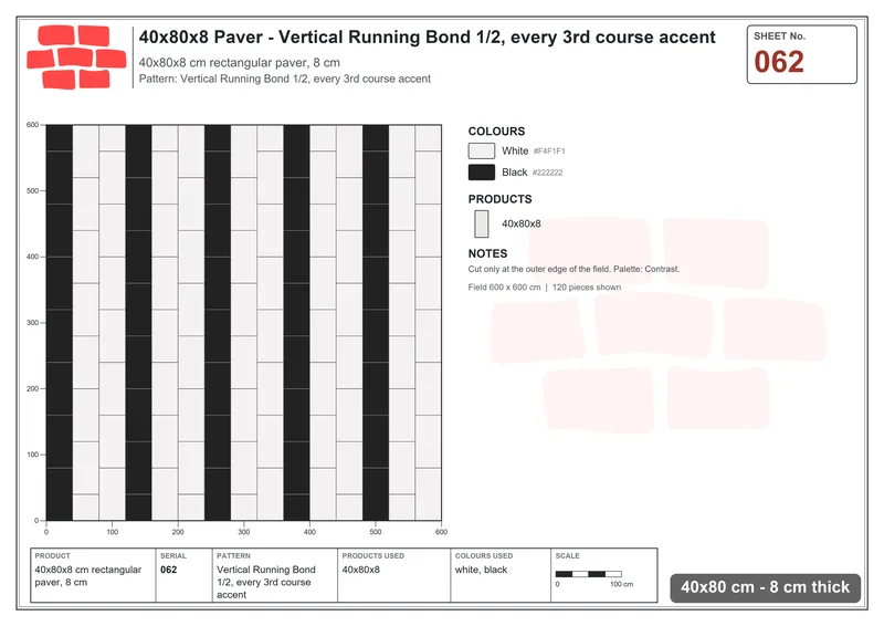 Interlock (Pasco) 40x80 cm · RC48-62 · Vertical Running Bond 1/2, every 3rd course accent · Laying plan Interlock (Pasco) 40x80 cm · RC48-62 · Vertical Running Bond 1/2, every 3rd course accent · Laying plan