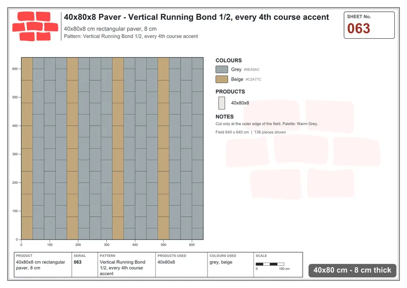 Interlock (Pasco) 40x80 cm · RC48-63 · Vertical Running Bond 1/2, every 4th course accent · Laying plan Interlock (Pasco) 40x80 cm · RC48-63 · Vertical Running Bond 1/2, every 4th course accent · Laying plan
