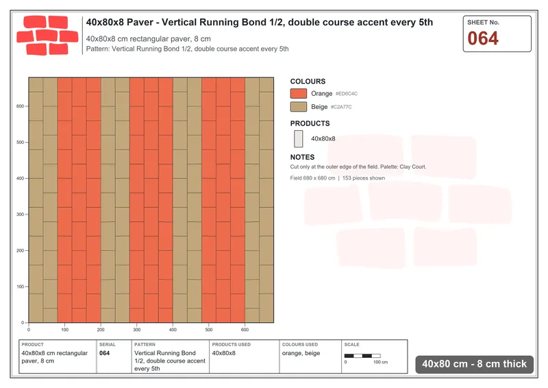 Interlock (Pasco) 40x80 cm · RC48-64 · Vertical Running Bond 1/2, double course accent every 5th · Laying plan Interlock (Pasco) 40x80 cm · RC48-64 · Vertical Running Bond 1/2, double course accent every 5th · Laying plan