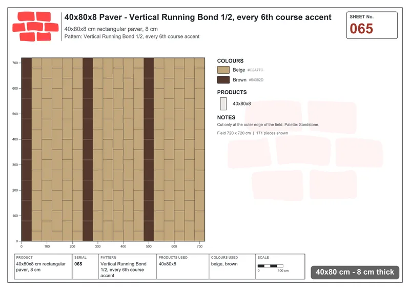 Interlock (Pasco) 40x80 cm · RC48-65 · Vertical Running Bond 1/2, every 6th course accent · Laying plan Interlock (Pasco) 40x80 cm · RC48-65 · Vertical Running Bond 1/2, every 6th course accent · Laying plan