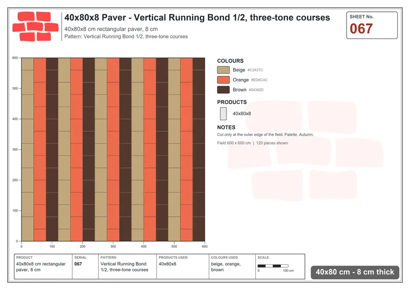 Interlock (Pasco) 40x80 cm · RC48-67 · Vertical Running Bond 1/2, three-tone courses · Laying plan Interlock (Pasco) 40x80 cm · RC48-67 · Vertical Running Bond 1/2, three-tone courses · Laying plan