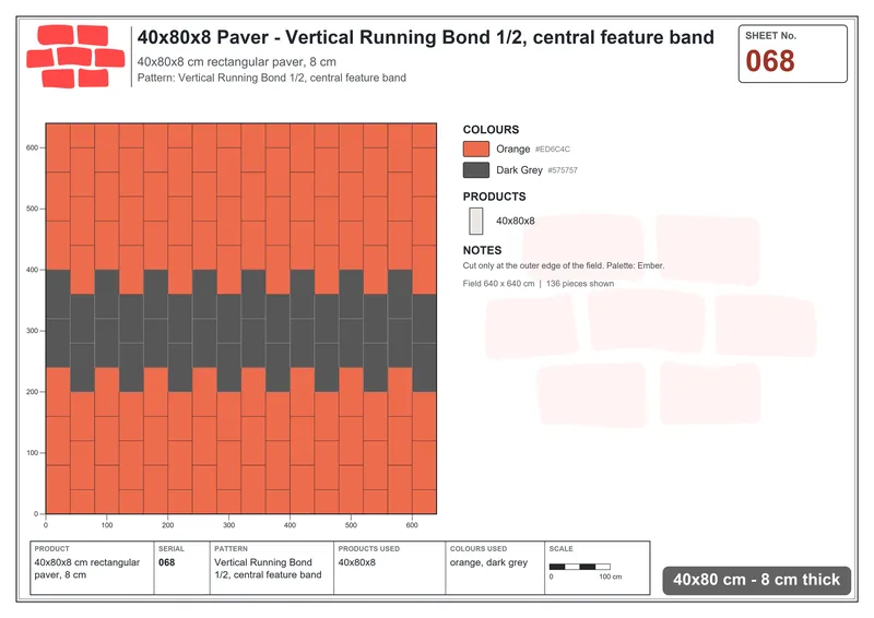 Interlock (Pasco) 40x80 cm · RC48-68 · Vertical Running Bond 1/2, central feature band · Laying plan Interlock (Pasco) 40x80 cm · RC48-68 · Vertical Running Bond 1/2, central feature band · Laying plan