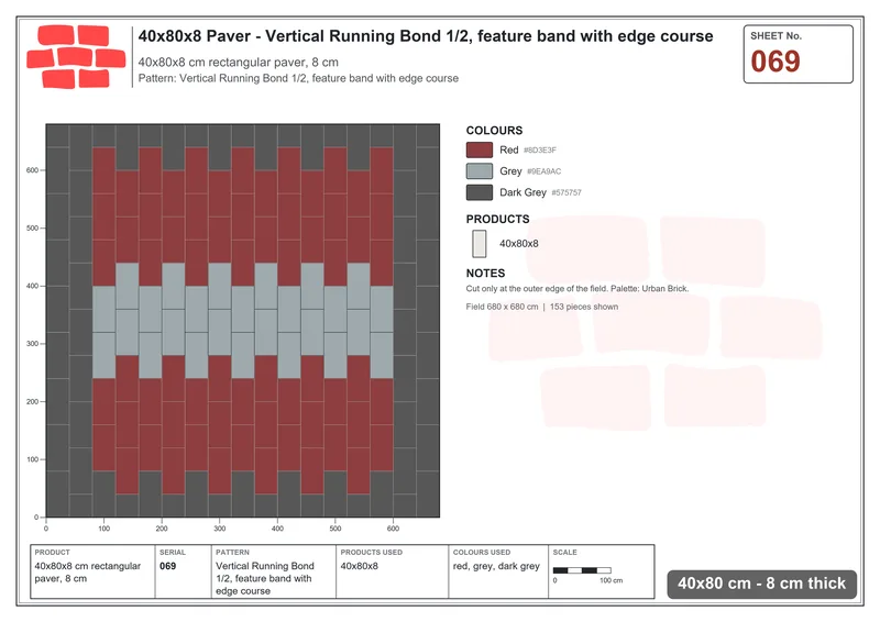 Interlock (Pasco) 40x80 cm · RC48-69 · Vertical Running Bond 1/2, feature band with edge course · Laying plan Interlock (Pasco) 40x80 cm · RC48-69 · Vertical Running Bond 1/2, feature band with edge course · Laying plan