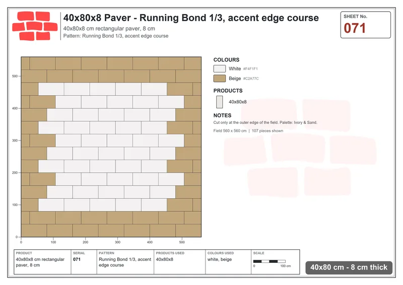 Interlock (Pasco) 40x80 cm · RC48-71 · Running Bond 1/3, accent edge course · Laying plan Interlock (Pasco) 40x80 cm · RC48-71 · Running Bond 1/3, accent edge course · Laying plan