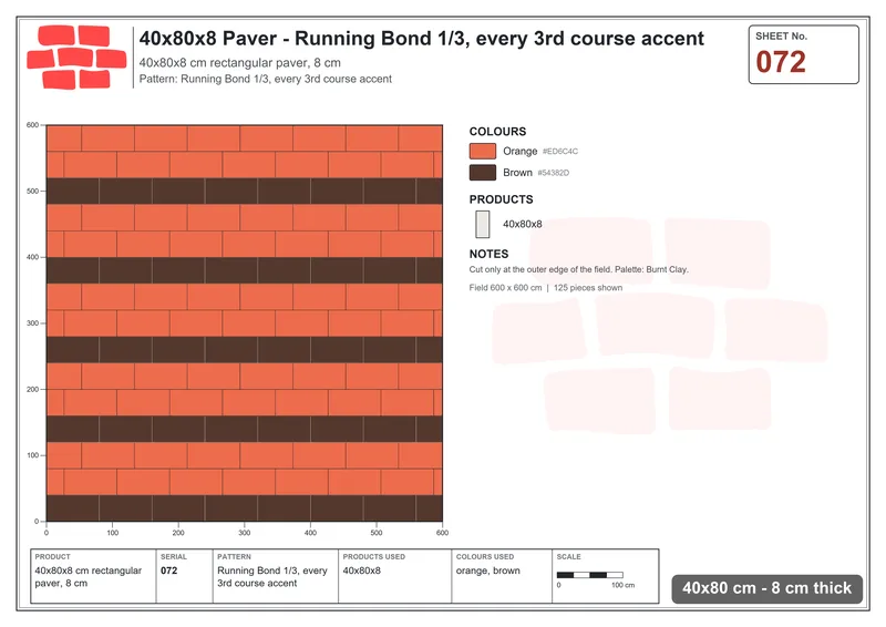 Interlock (Pasco) 40x80 cm · RC48-72 · Running Bond 1/3, every 3rd course accent · Laying plan Interlock (Pasco) 40x80 cm · RC48-72 · Running Bond 1/3, every 3rd course accent · Laying plan